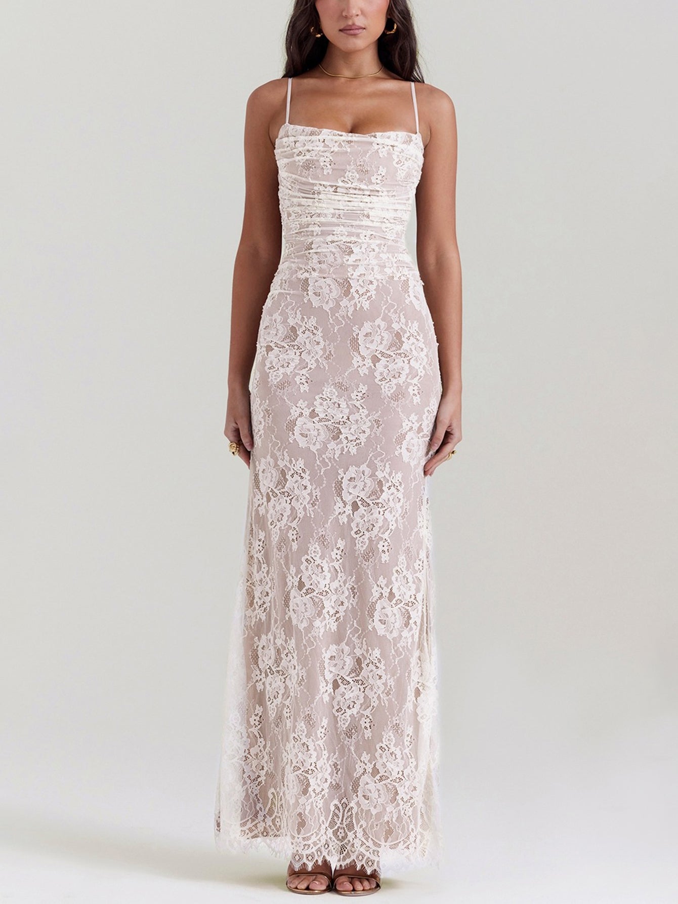 Sexy Shrug Ruched Lace Maxi Fishtail Dress - fashionprilin