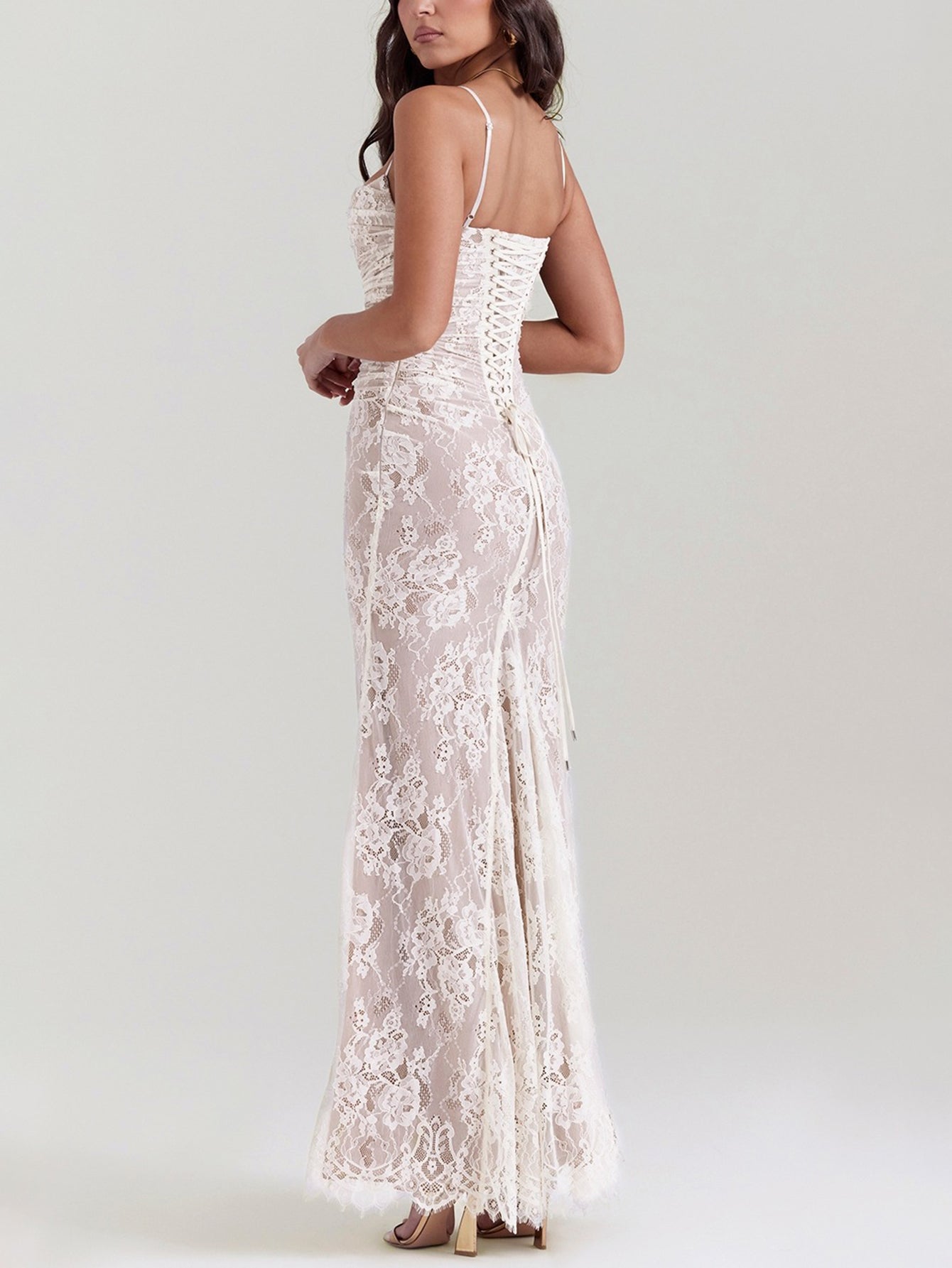 Sexy Shrug Ruched Lace Maxi Fishtail Dress - fashionprilin