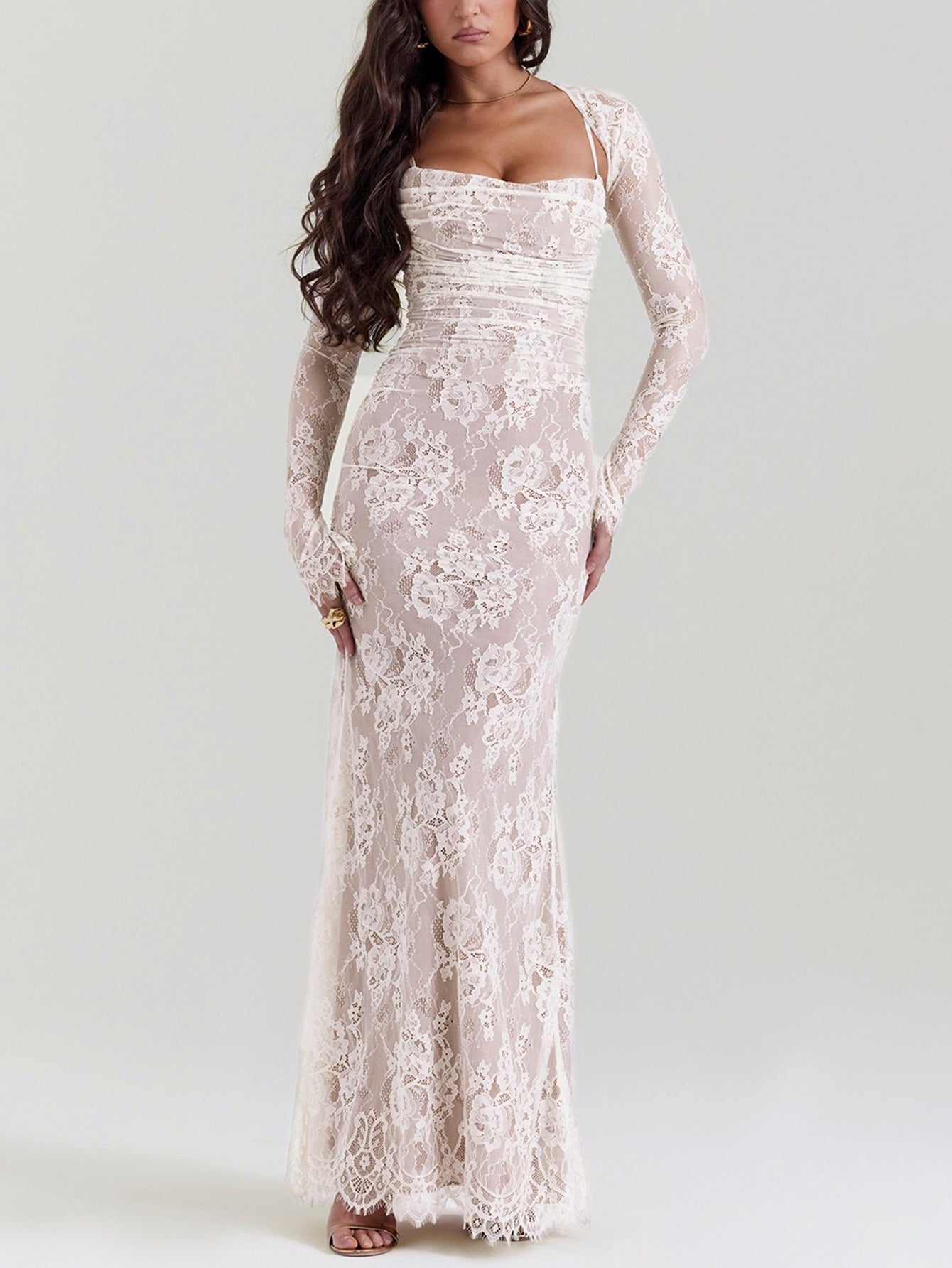 Sexy Shrug Ruched Lace Maxi Fishtail Dress - fashionprilin